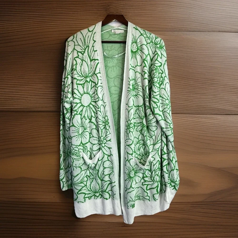Spring Floral Cardigan XL Open Long White Green Pockets Soft Flowy Sunflowers